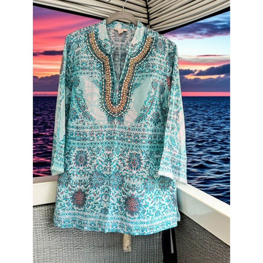 Charter Club Luxury NWOT 100% Linen Embroidered Tunic - Aqua Paisley - Size M